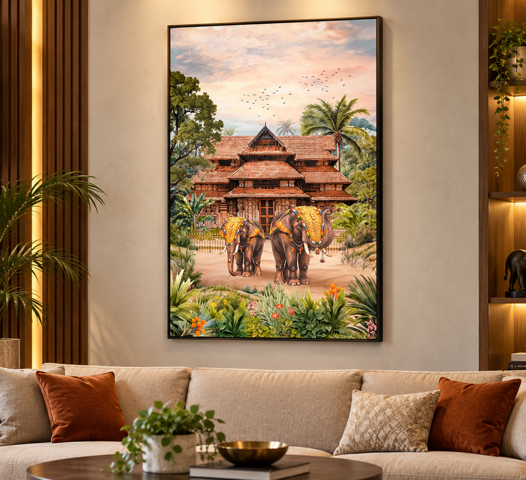 Traditional Kerala Palace & Royal Elephants Canvas Wall Art – Indian Heritage Painting