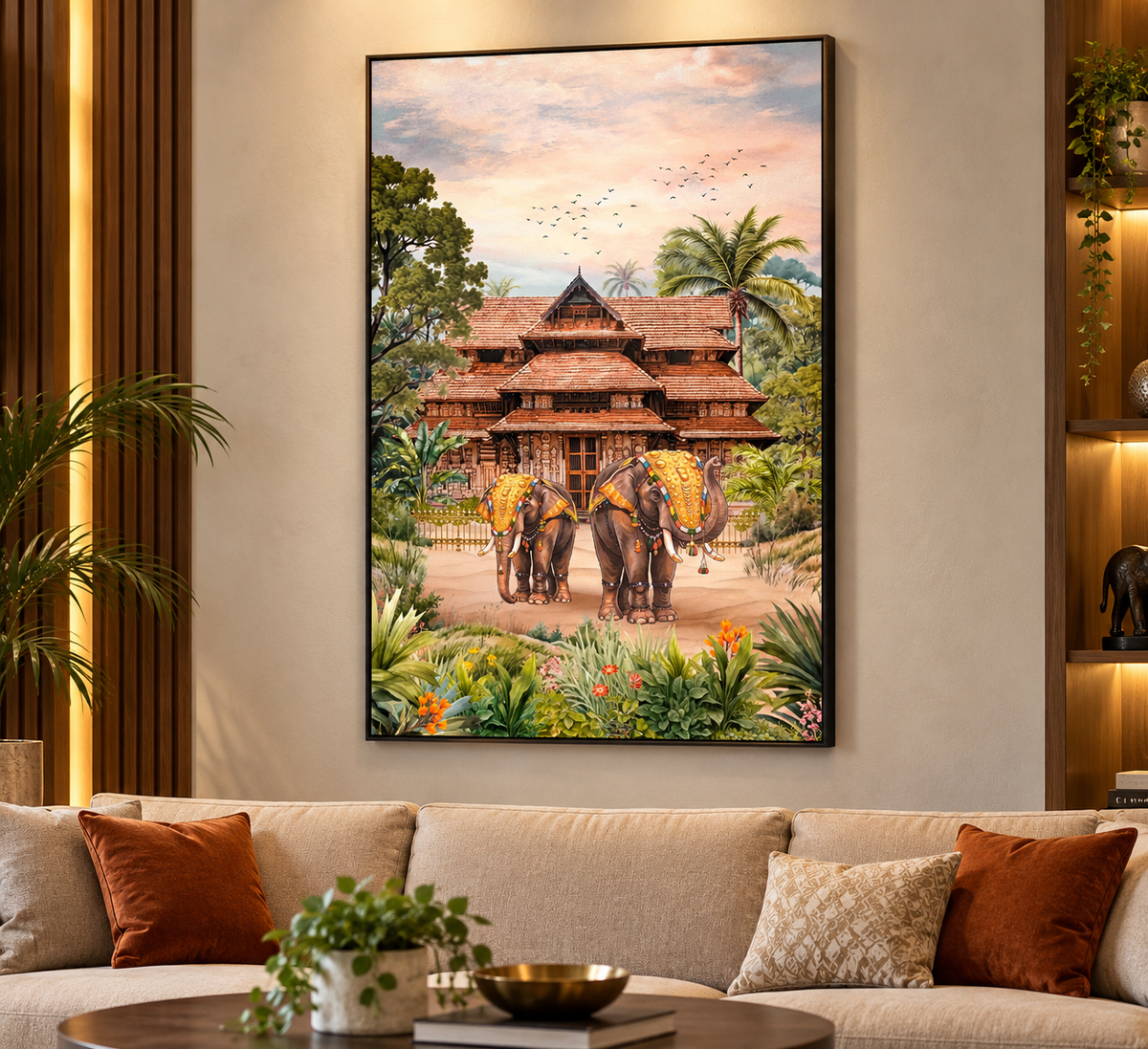 Traditional Kerala Palace & Royal Elephants Canvas Wall Art – Indian Heritage Painting