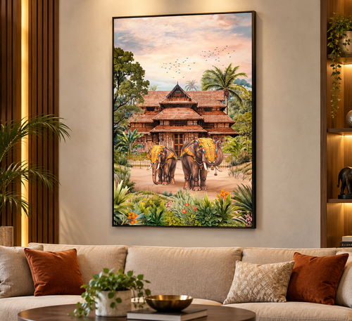 Traditional Kerala Palace & Royal Elephants Canvas Wall Art – Indian Heritage Painting
