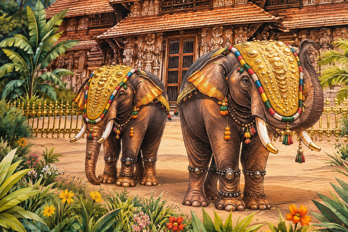 Traditional Kerala Palace & Royal Elephants Canvas Wall Art – Indian Heritage Painting