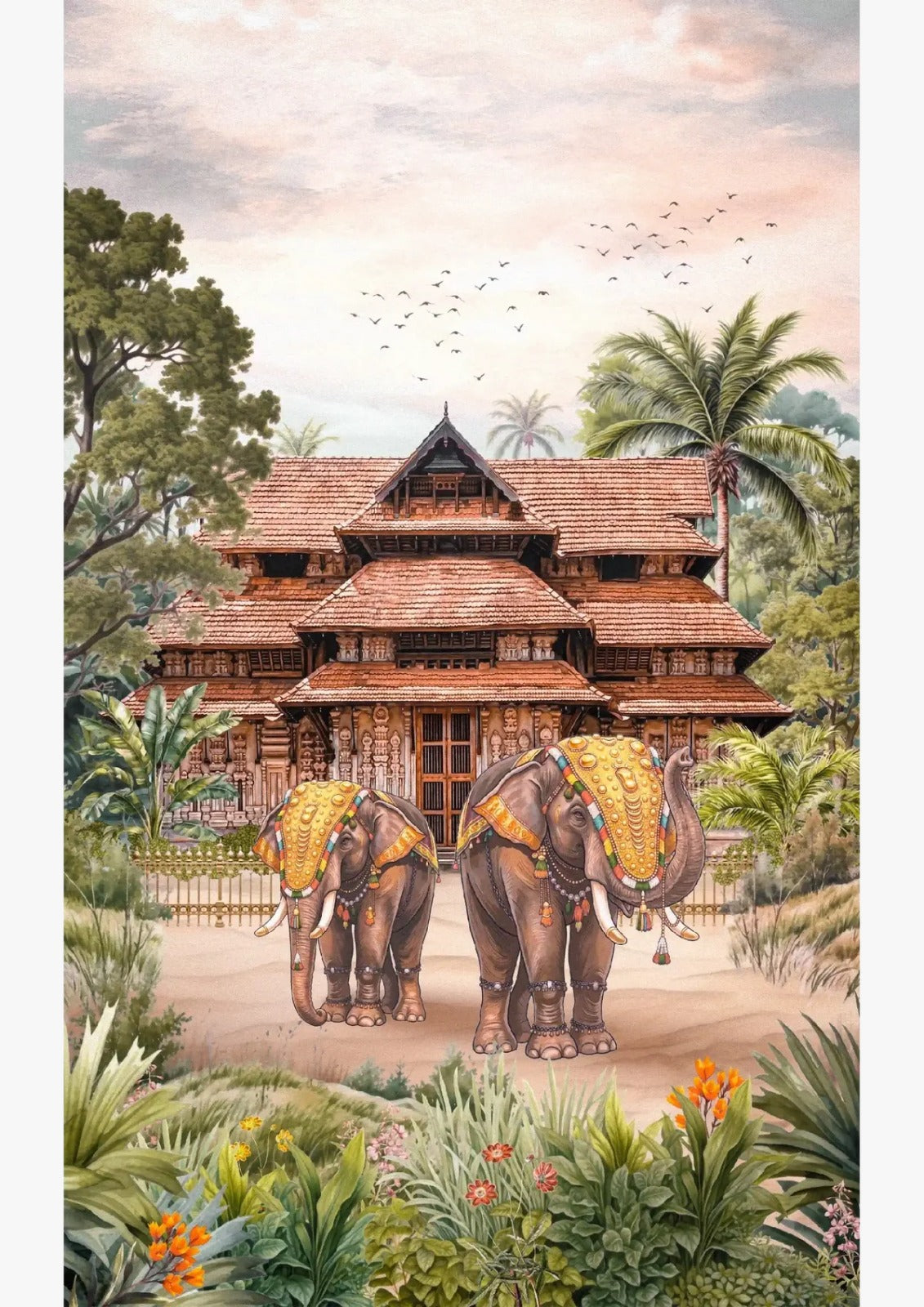 Traditional Kerala Palace & Royal Elephants Canvas Wall Art – Indian Heritage Painting